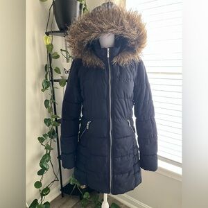 H&M Women's Navy Puffer Jacket with Faux Fur Trim